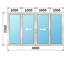 Четырехстворчатая дверь остекленная ALUMARK 4000x2300